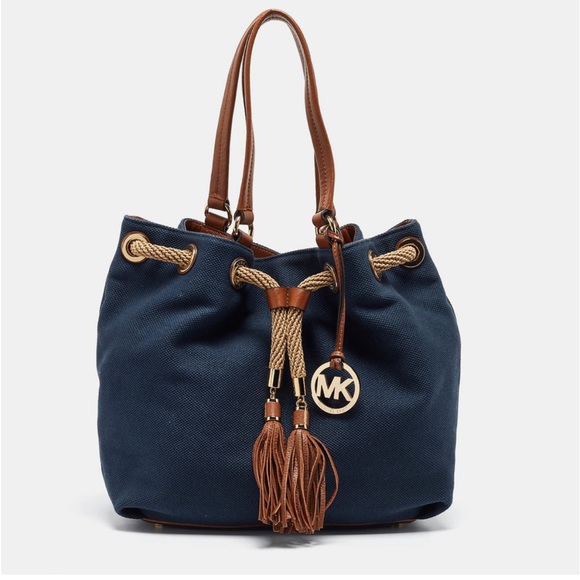 Michael Kors Navy/Brown Canvas Marina Drawstring EUC Ask questions - Picture 3 of 14